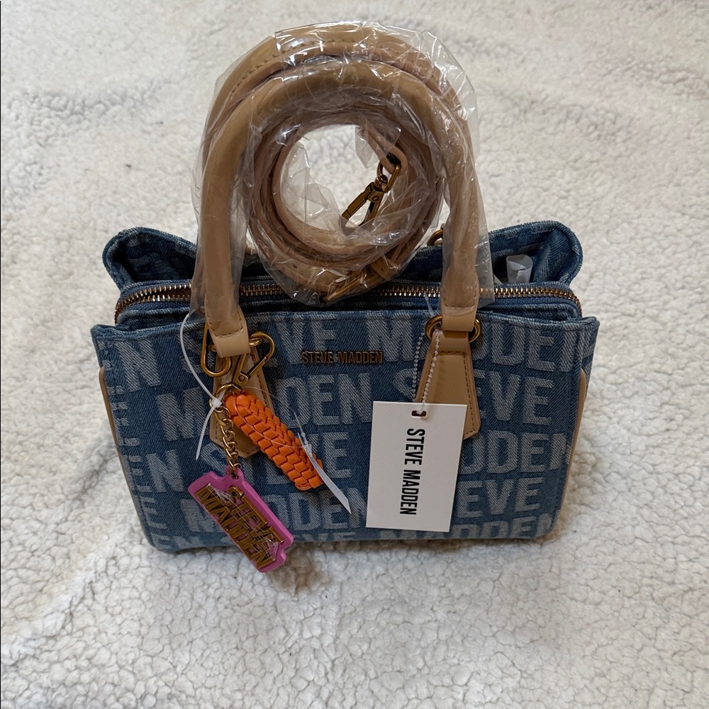 Steve Madden Denim Blue and Beige Satchel